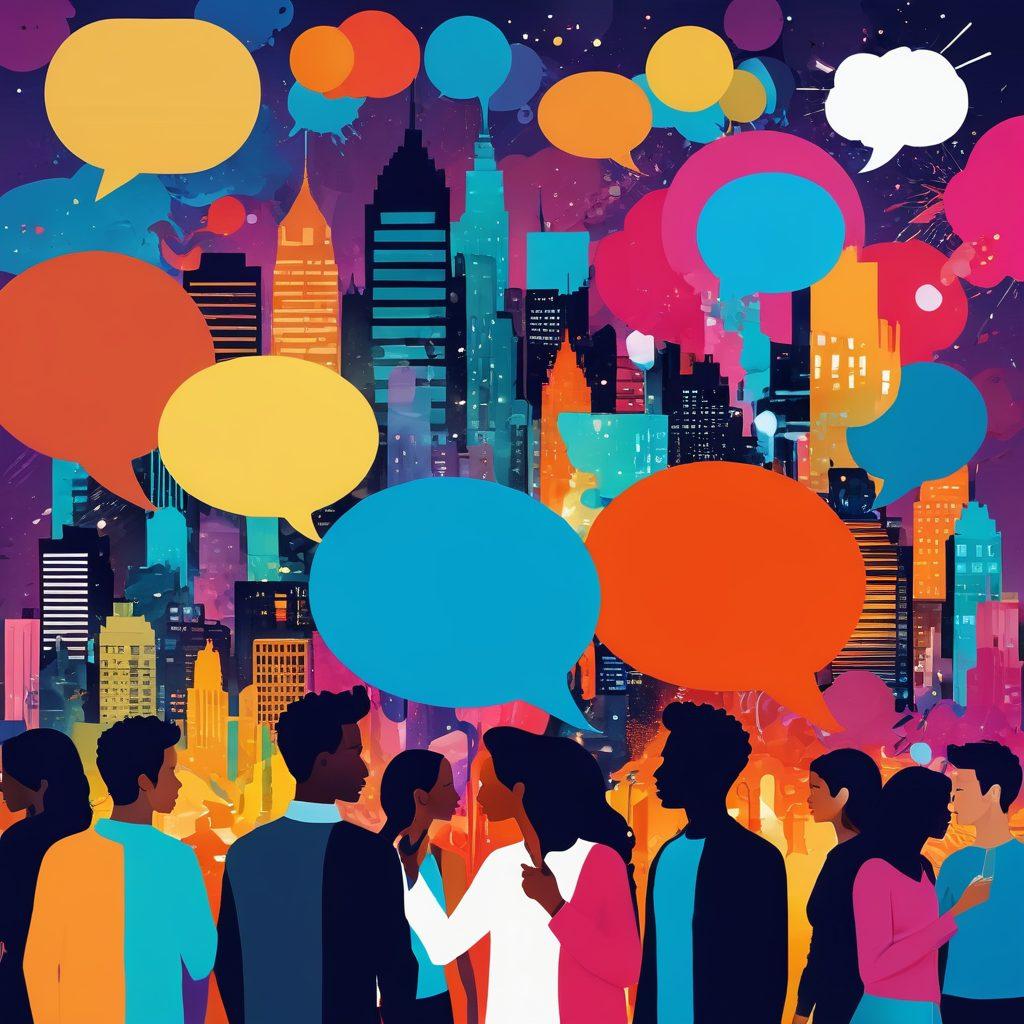 A vibrant digital collage showcasing a diverse group of people engaged in storytelling through social media. Include elements like speech bubbles, colorful icons representing various digital platforms, and a backdrop of stylized cityscapes. Emphasize creativity and self-expression with splashes of paint and abstract shapes. The overall tone should be uplifting and dynamic, reflecting the essence of modern digital communication. colorful vector art. energetic composition.