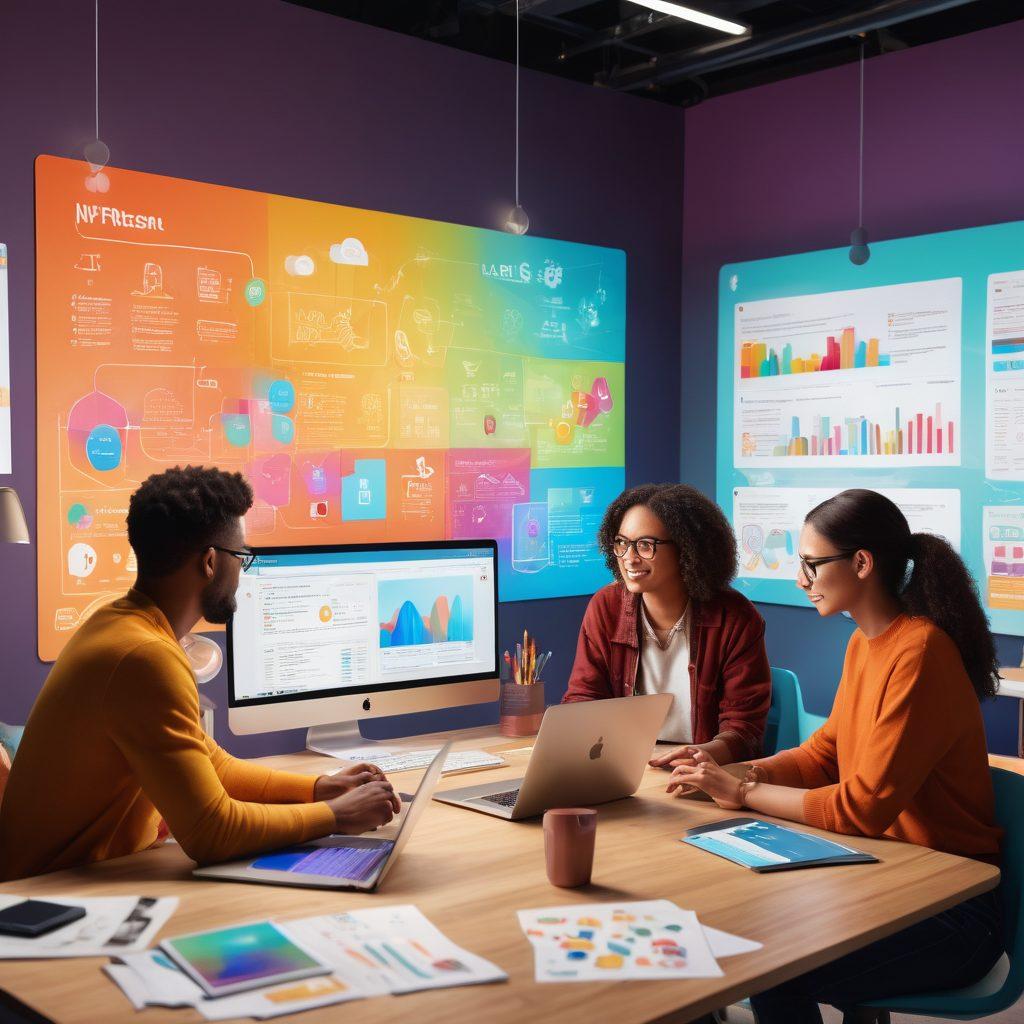 A dynamic digital workspace featuring a diverse group of content creators brainstorming ideas on Weeter, surrounded by colorful infographics and engaging visuals. Laptops open with creative designs on the screens, highlighting impactful social media posts. The atmosphere is energetic, blending a sense of collaboration and innovation. warm and inviting colors. 3D illustration.
