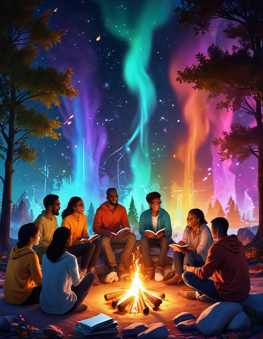 A diverse group of people from various backgrounds sharing stories around a glowing digital campfire, with glowing connections and lines symbolizing bonds between them, in a colorful, inviting digital environment. The backdrop features symbolic digital storytelling elements like books, screens, and artistic visuals floating in the air. super-realistic. vibrant colors. cozy atmosphere.